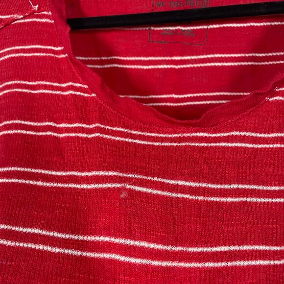 Free People Medium Scoop Neck Tee Red Stripe Linen Blend Frayed Hem Long Sleeves - Picture 7 of 12